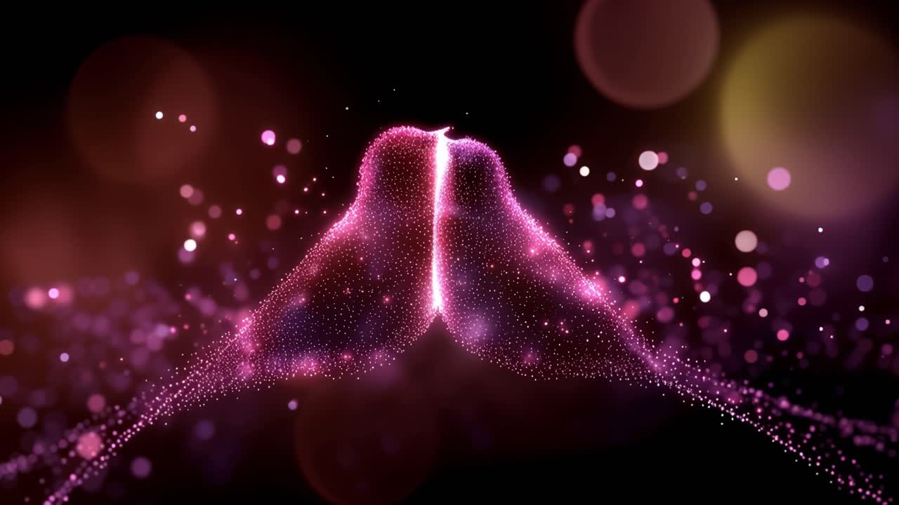 Due uccelli luminosi si incontrano in una soffusa luce viola. Si toccano i becchi, rilasciando scintille nell'aria. Le loro forme brillano come particelle viventi su un palcoscenico scuro. L'atmosfera è intima, romantica.