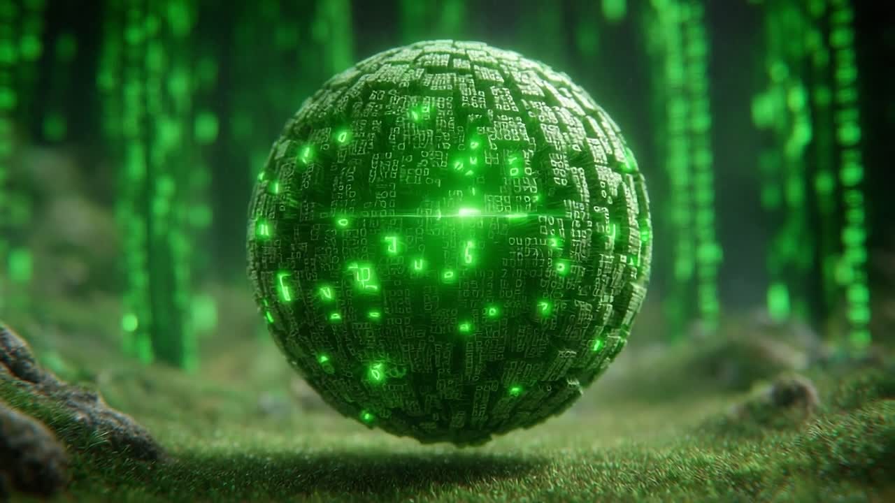 A Glowing Green Sphere Surrounded by Digital Matrix Code, Representing a Futuristic and Technological Landscape Filled with Binary Data and Visual Effects