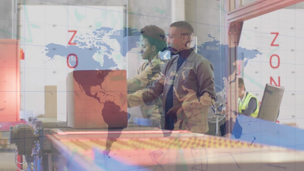 창고에서 일하는 다양한 사람들에 대한 금융 데이터 처리의 애니메이션