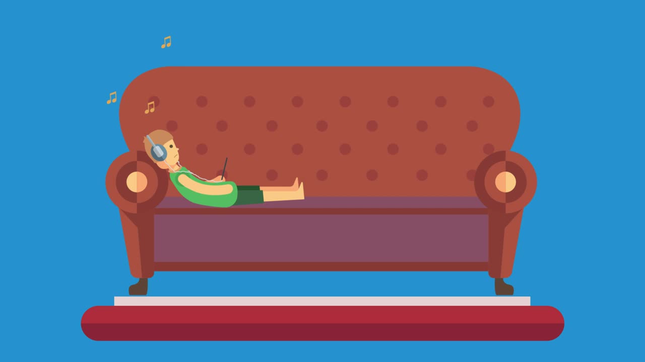 혼자 있는 아이가 헤드폰으로 음악을 듣는다.