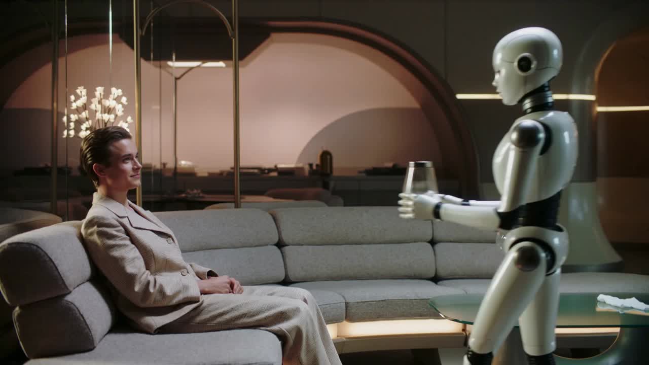 Serving service robot handing glass to beige-suited man in lounge, then placing glass on table
