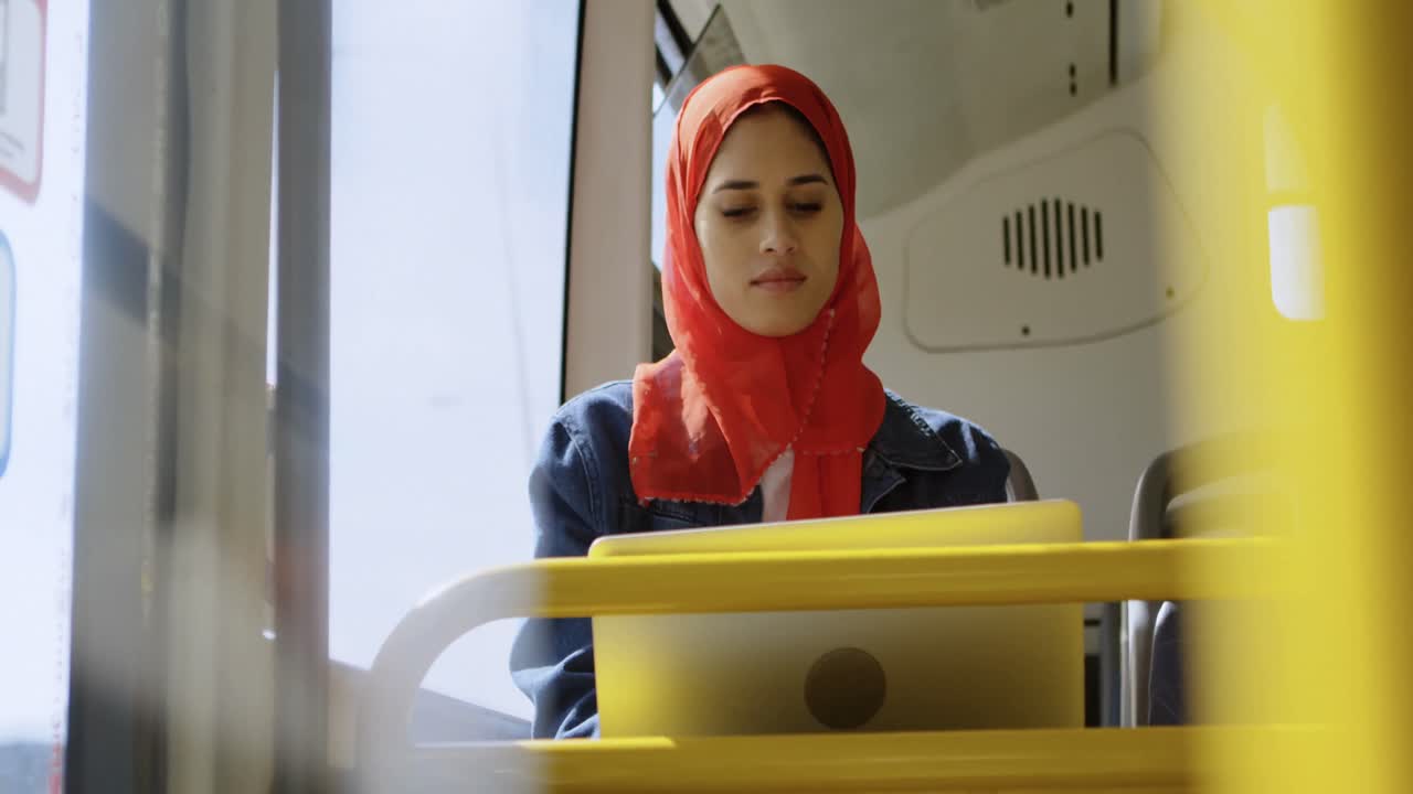 Woman in hijab using laptop 4k