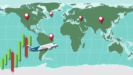 animation of airplanes flying over a world map with dynamic candlestick graphs, illustrating global economic activity and connectivity