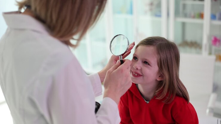 Doctor examines a child's eye with a magnifying glass