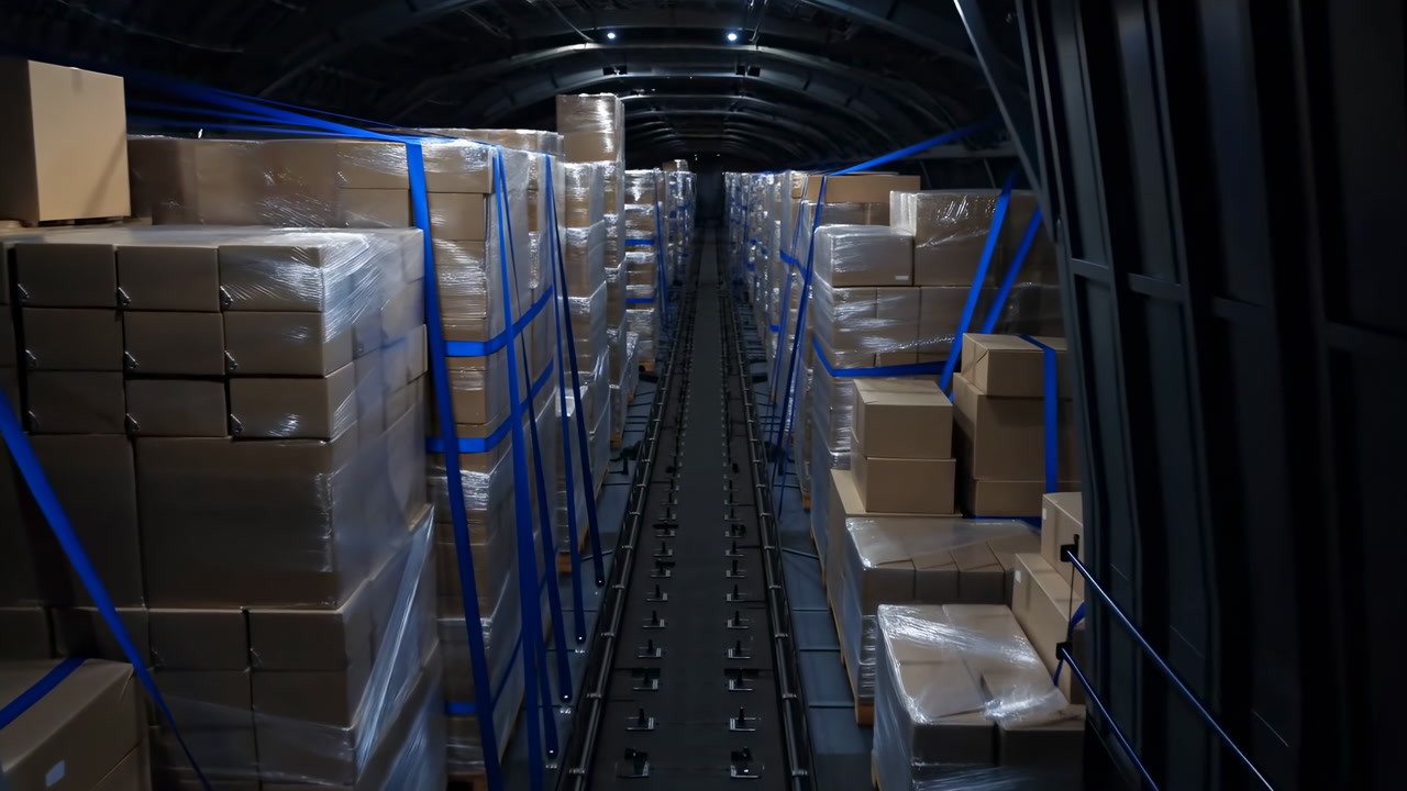 Cargo Hold Packed With Stacked Boxes, Narrow Conveyor Aisle Lined With Wrapped Pallets Secured By Blue Straps,