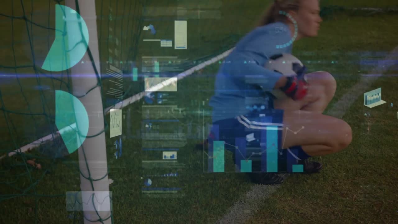 animación del procesamiento de datos sobre una jugadora de fútbol caucásica