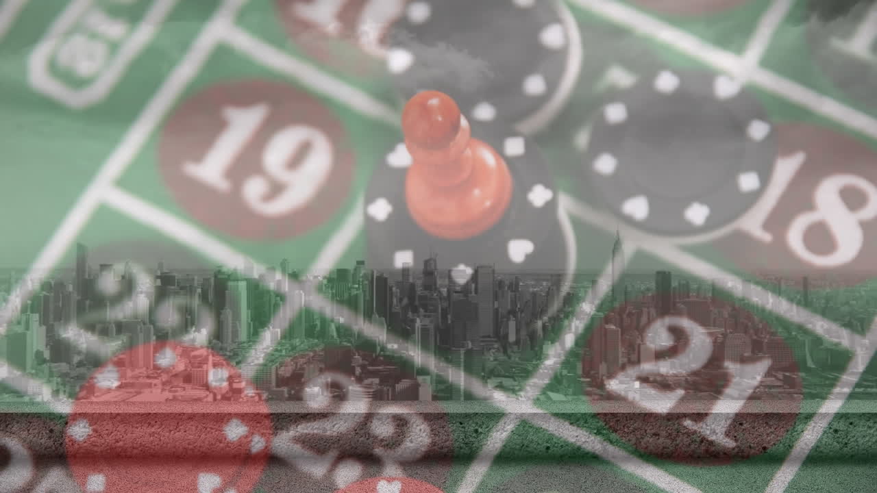 animación de fichas de juego a bordo sobre el paisaje urbano