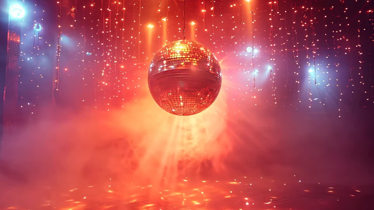 A disco ball is suspended in the air, surrounded by a red and blue light. The scene is set in a dark room with a foggy atmosphere