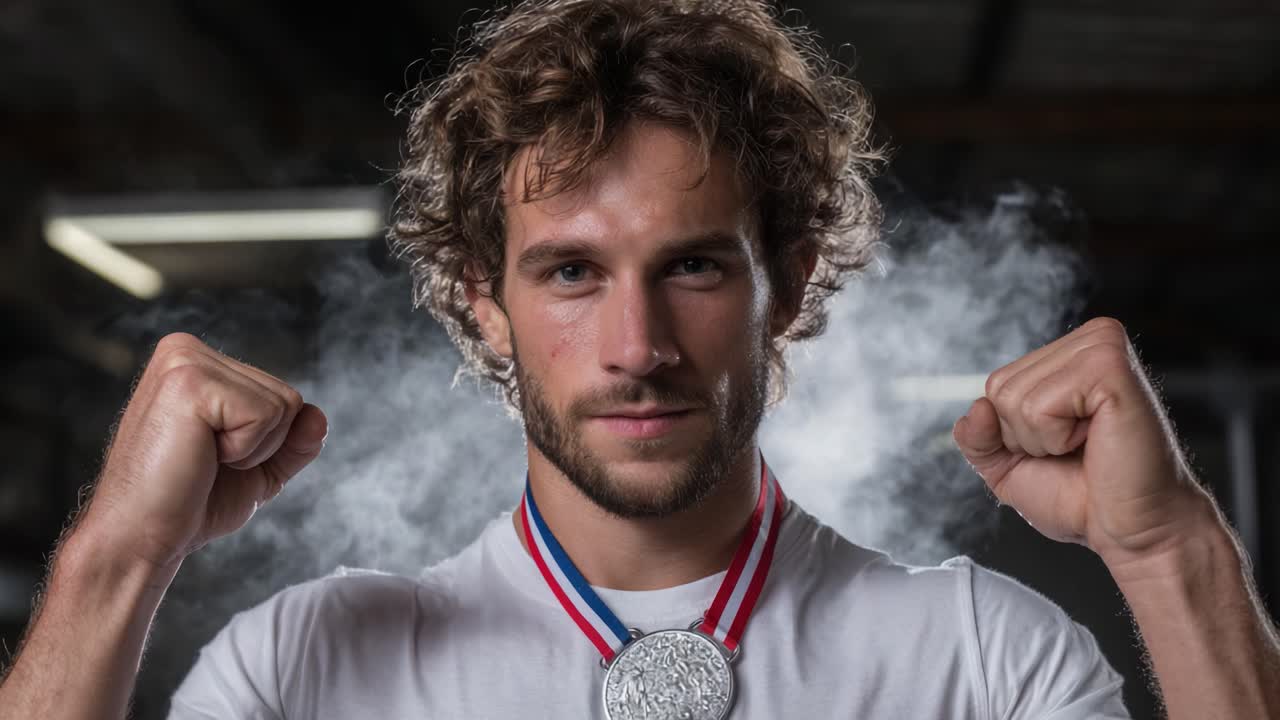 A Champion's Resilience: A Silver Medalist Poses Confidently with Fists Raised Amidst a Hazy Background, Symbolizing Determination and Achievement