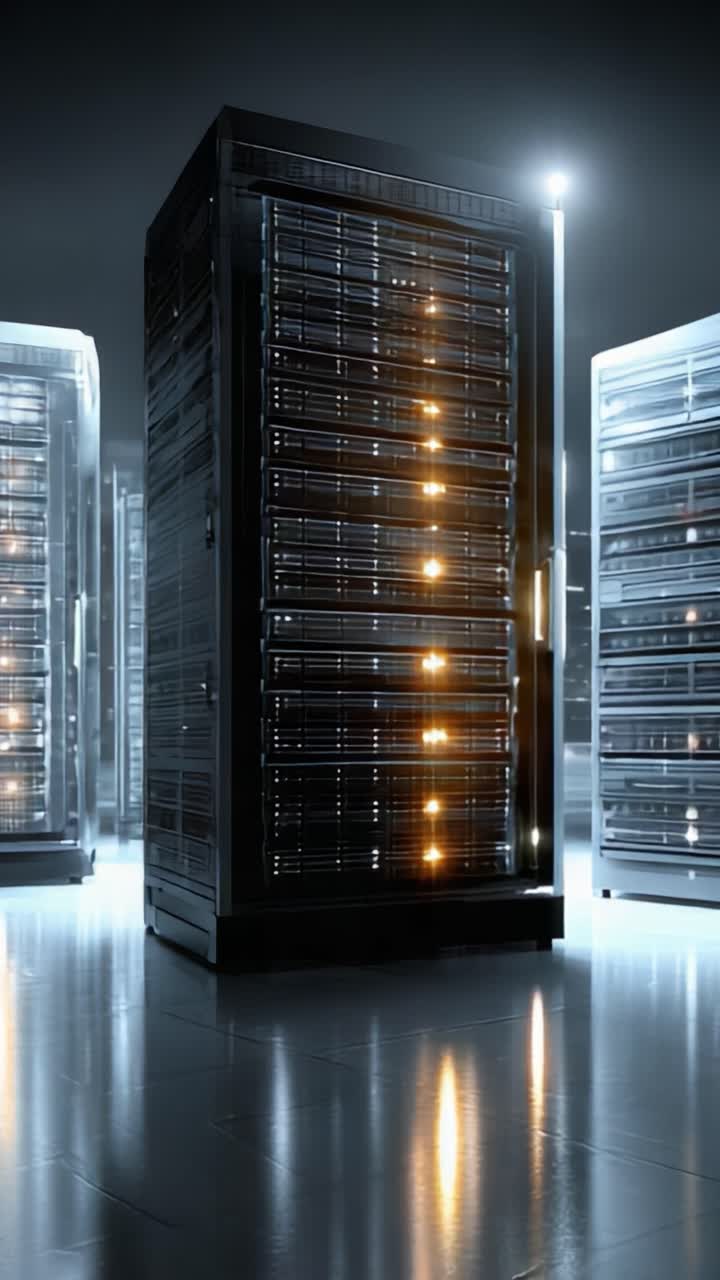 Una straordinaria rappresentazione visiva di data center con rack server high-tech illuminati da una luce soffusa in un ambiente moderno ed elegante