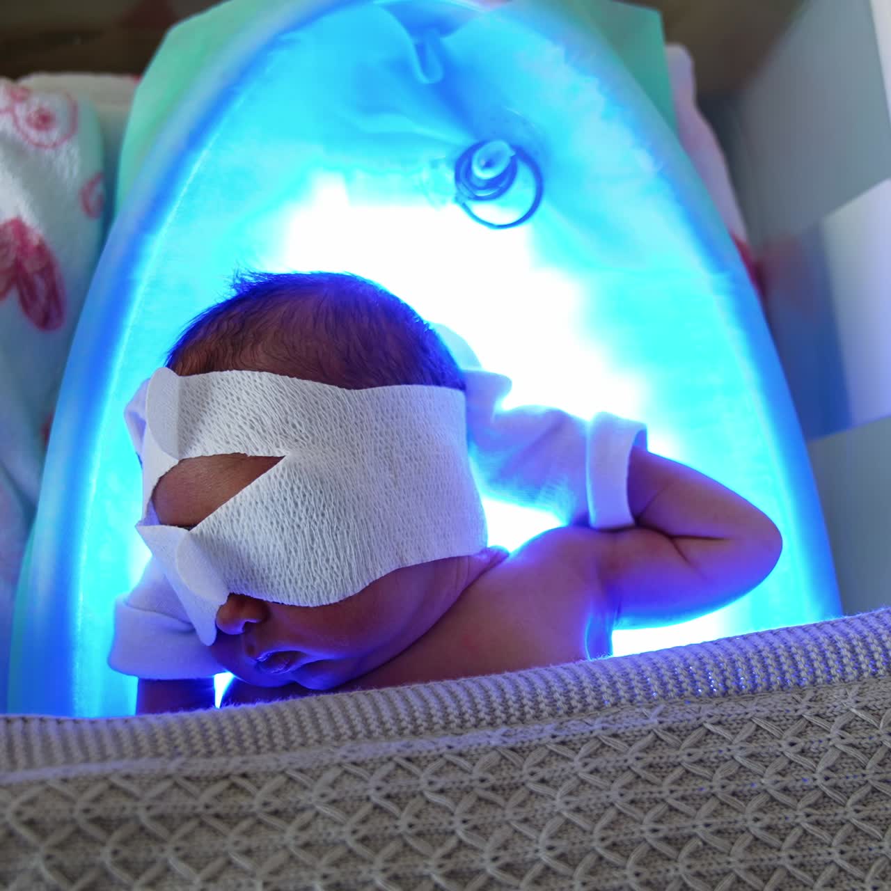 Three-day-old newborn baby in eye cover and mittens lies in medical incubator. Phototherapy procedure for a child with jaundice. Top view