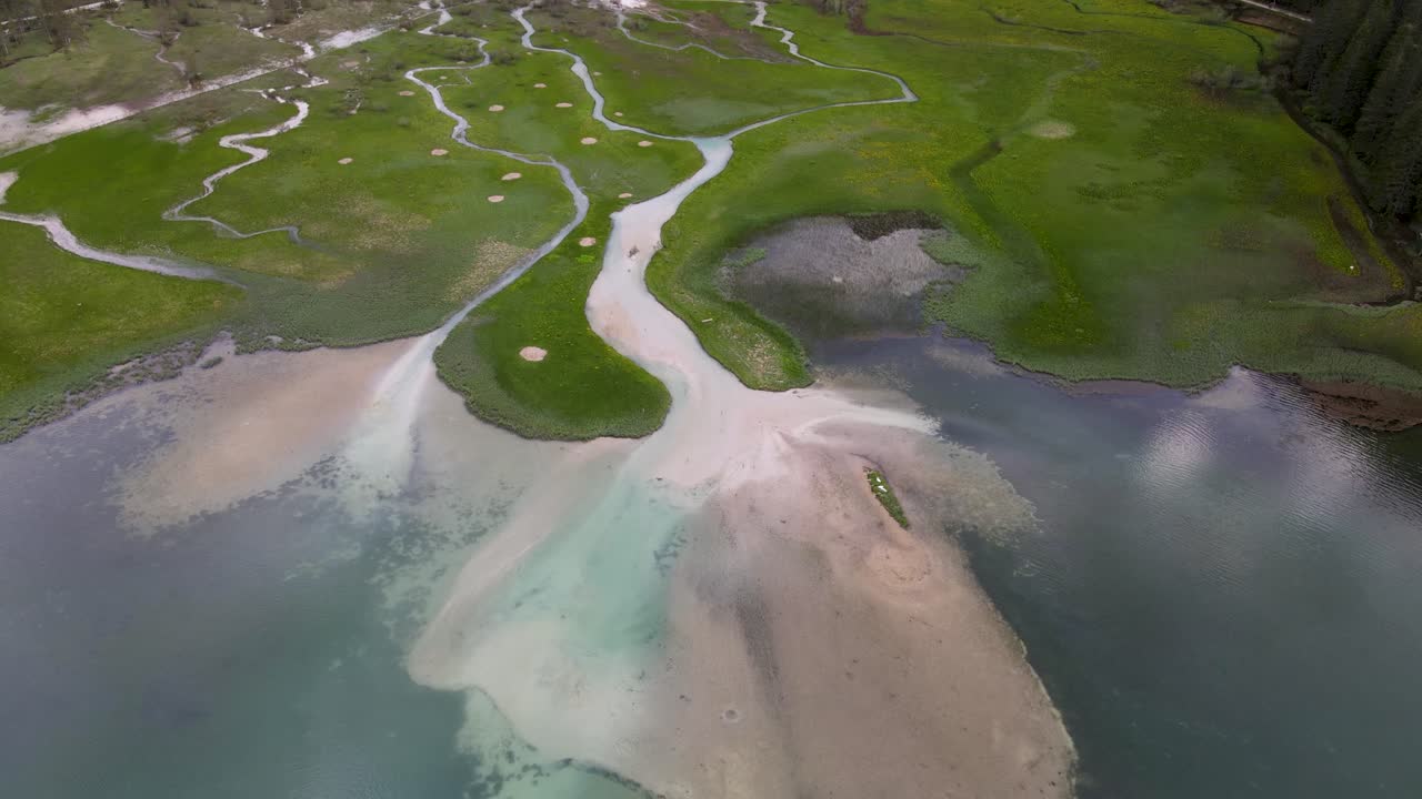 토블라허의 습지는 돌로마이트 산맥 아래의 소나무 숲에서 나타납니다.