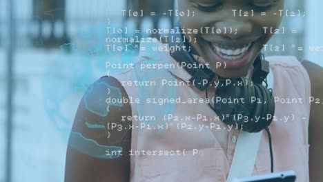 Animation-of-data-processing-and-globe-over-african-american-woman-using-smartphone