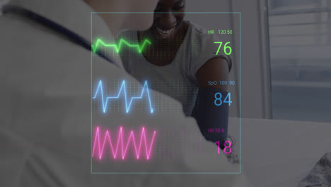 animation of colourful cardiographs over happy diverse patient and doctor taking pressure