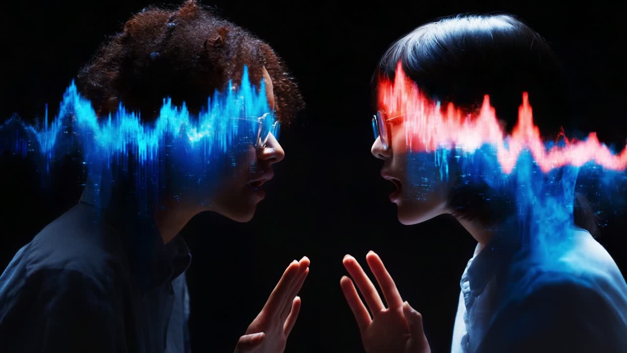 Dynamic Conversation: Two Individuals Engaging in an Intense Dialogue with Visual Sound Waves Symbolizing Communication and Connection Between Them