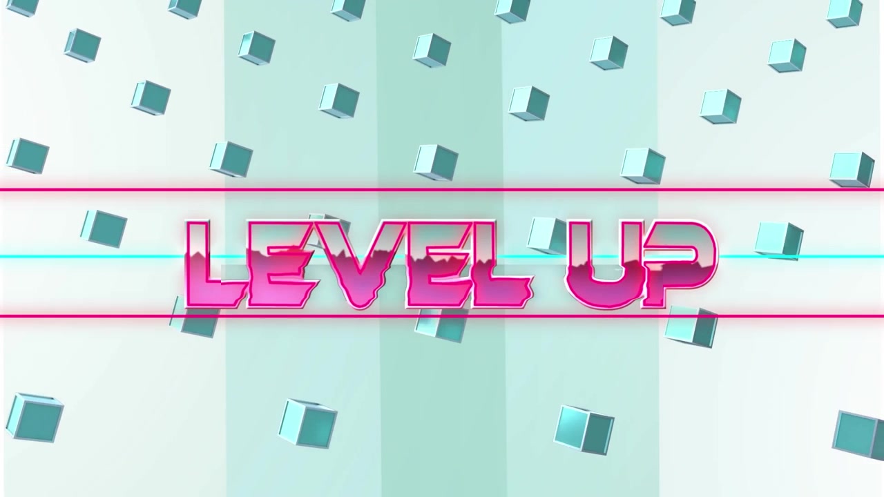 Animaatio "Level up" -tekstistä muotojen päällä