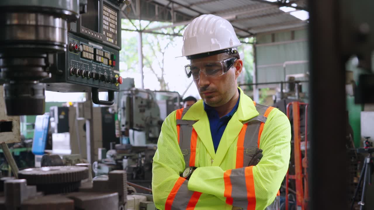 Smart factory worker using machine in factory workshop