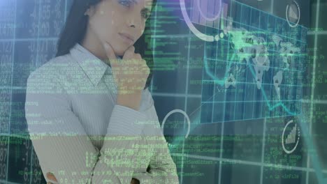 Animation-of-caucasian-businesswoman-looking-at-screen-with-data-processing-and-digital-icons