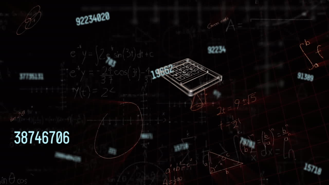 Animation of icons and data processing over mathematical equations on black background