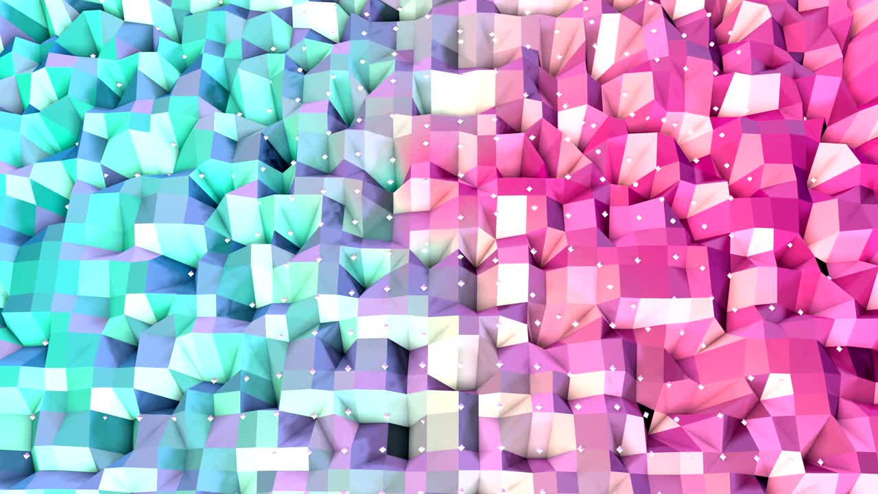 abstracto simple azul rosa baja poli superficie 3d y cristales blancos voladores como fondo de ciencia ficción. fondo de baja poli geométrico suave de polígonos rosados azules puros. fondo de bucle sin costuras 4k fullhd.