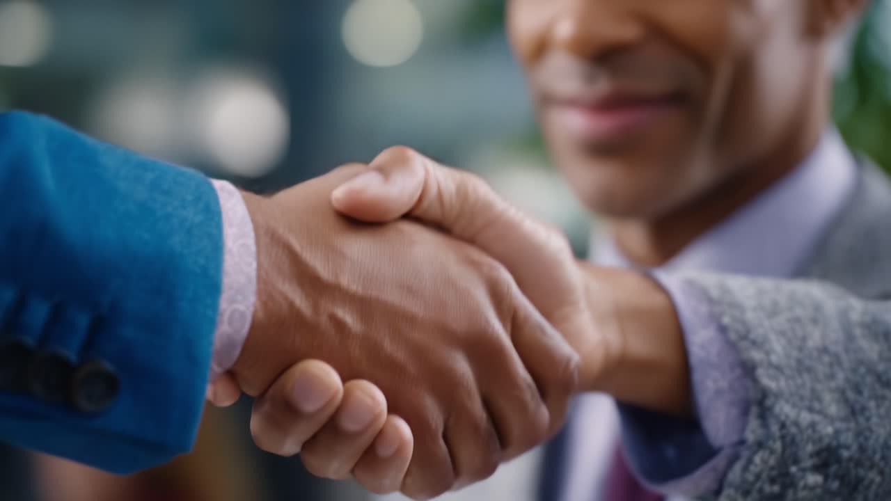 A Close-Up Interaction Between Two Professionals with a Handshake Signifying Agreement and Collaboration in a Modern Business Environment