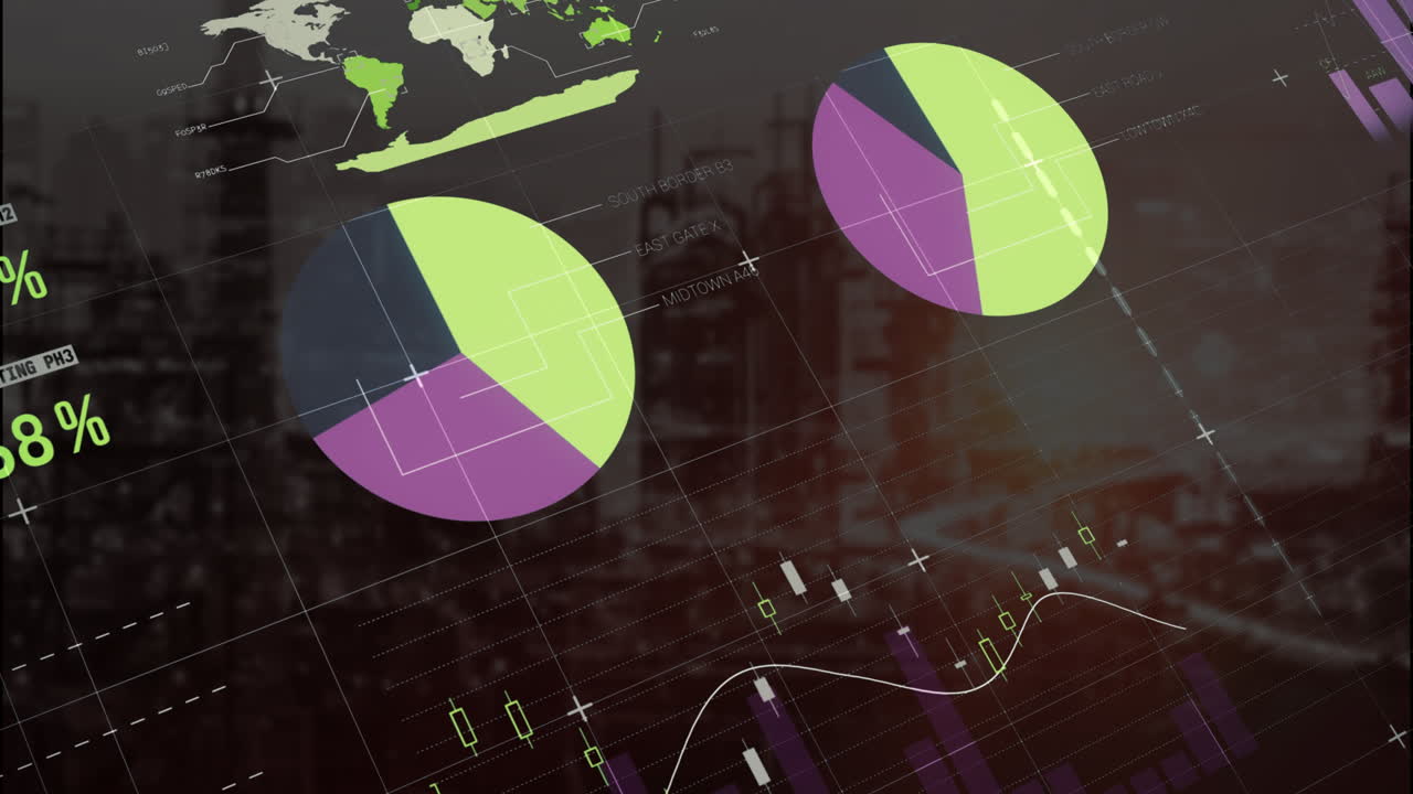 animación del procesamiento de datos estadísticos a través de la red de cuadrícula frente a una vista aérea del paisaje urbano