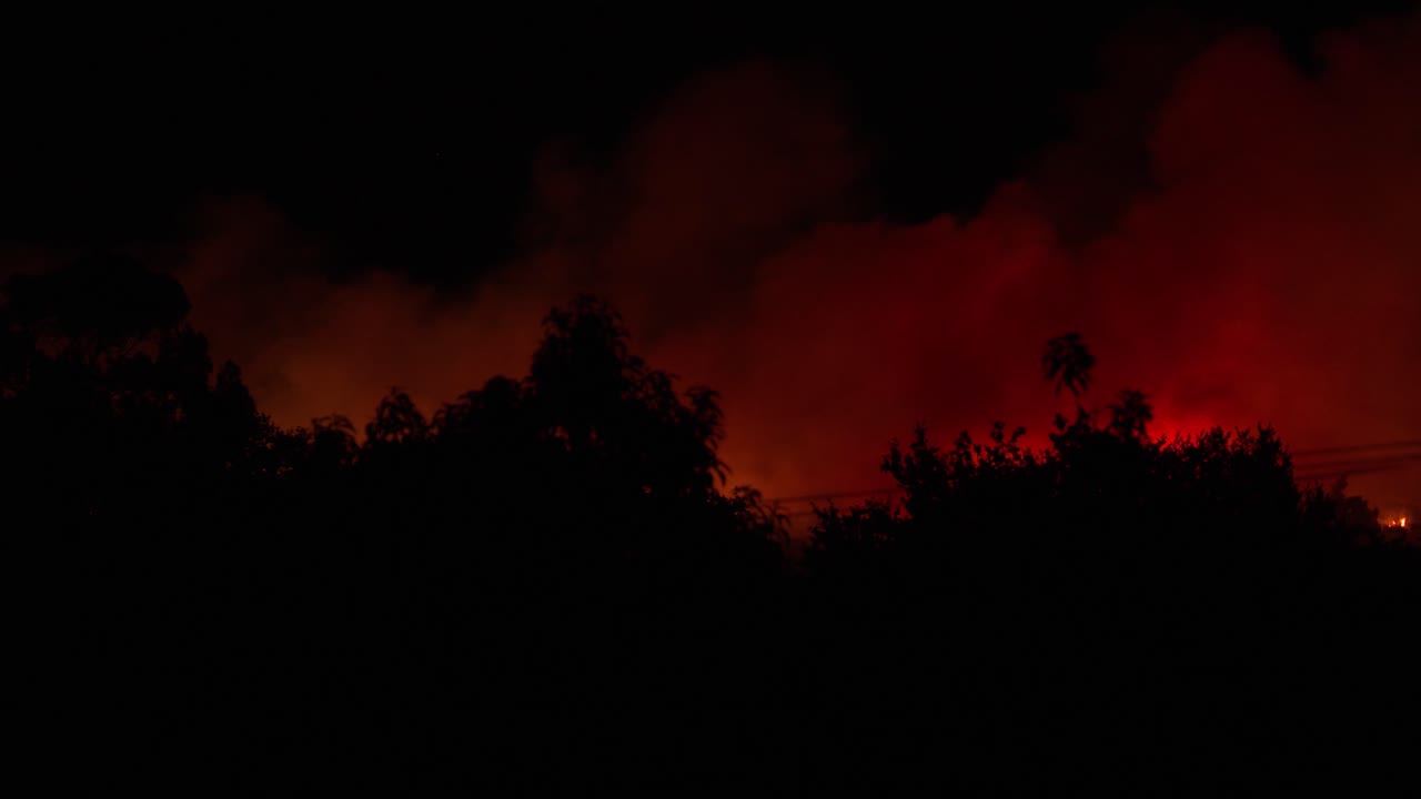 Flames rise above the treetops during an overnight forest fire in the Portuguese mountains