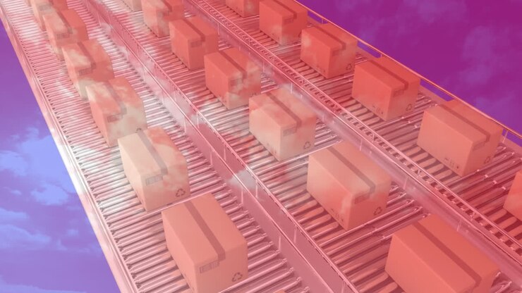 Multiple arrows moving upwards over multiple boxes on conveyor belt against clouds in blue sky