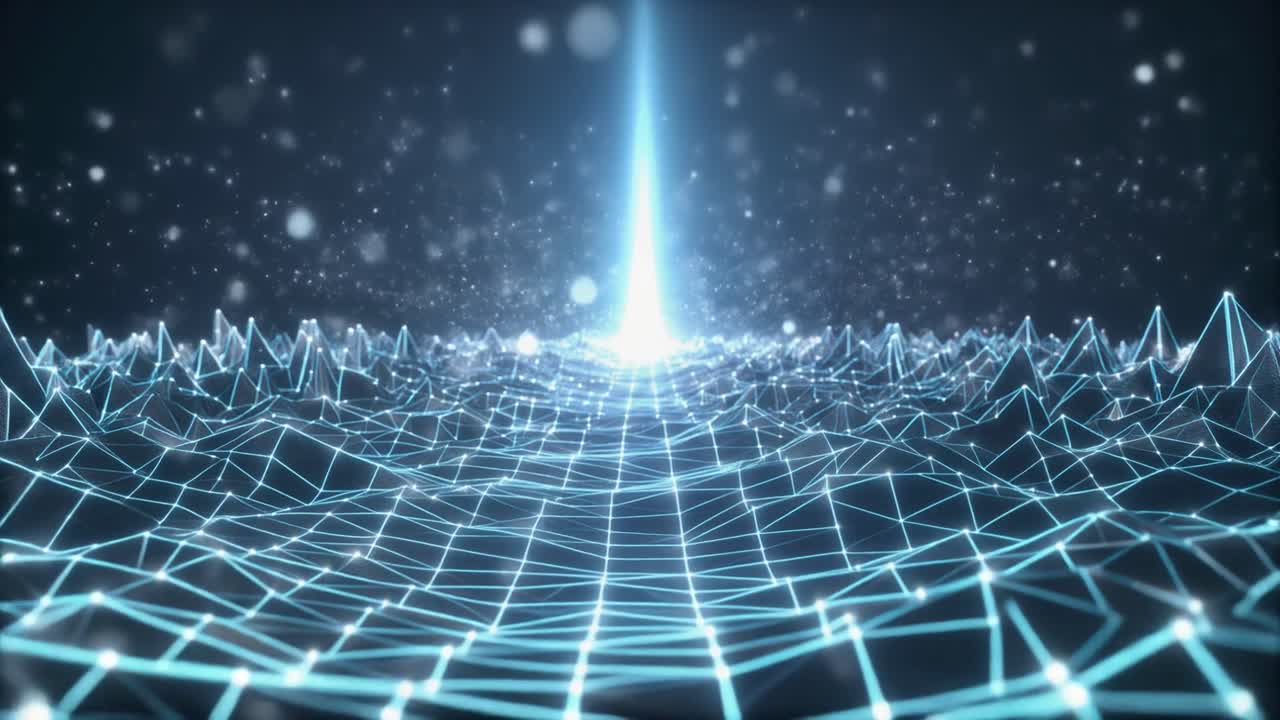 Glowing Digital Grid Landscape with Central Light Ray