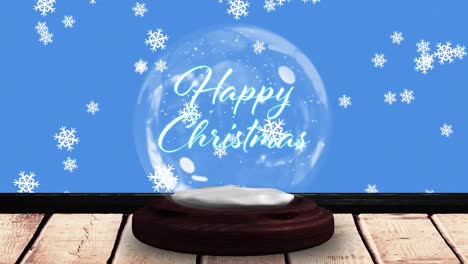 Animación-De-Feliz-Navidad-En-Globo-De-Nieve-Sobre-Tablas-De-Madera-Y-Nieve-Cayendo