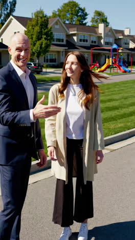 business conversation in a residential neighborhood