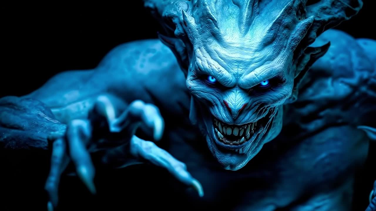 A close up of a demonic creature with blue eyes