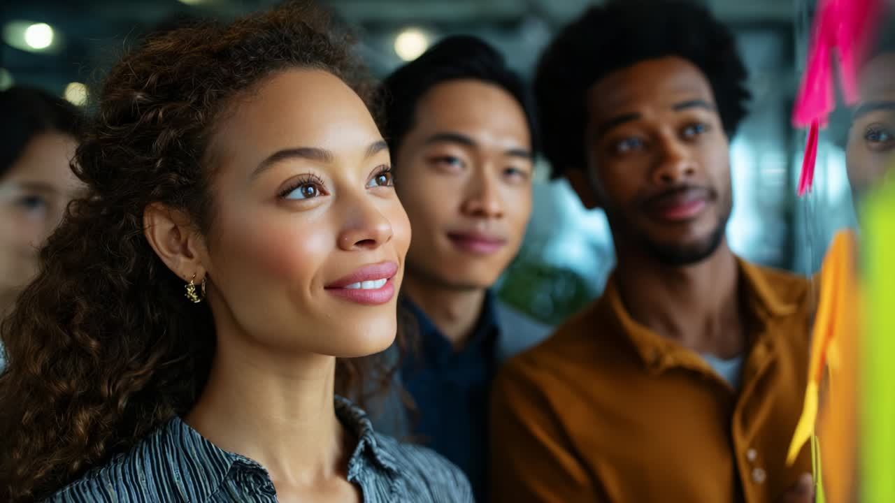 Group of diverse individuals engaged in a collaborative brainstorming session, focused on colorful ideas presented on sticky notes, promoting creativity, innovation, and teamwork in a vibrant environment