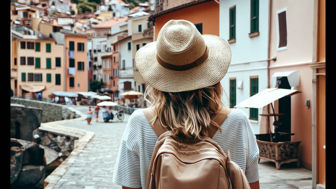 A woman wearing a straw hat and carrying a backpack is walking down a street