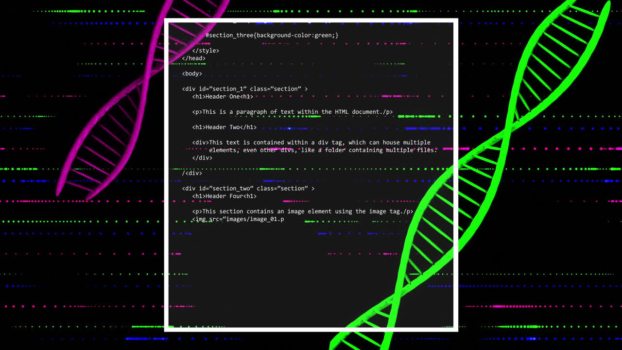 HTML code snippet over DNA strand animation with colorful lines