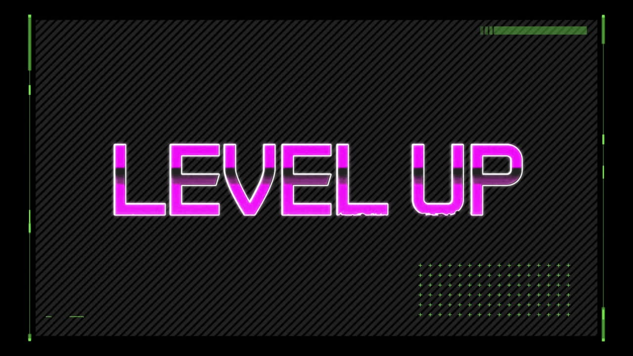 Animation of glitch effect over interface with level up text banner against black background