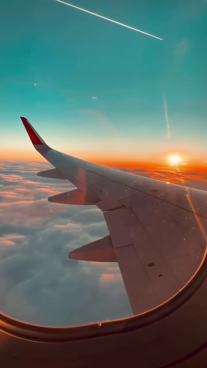 Vista de vídeo aérea desde la ventana de un avión al atardecer, capturando cielos y nubes vibrantes