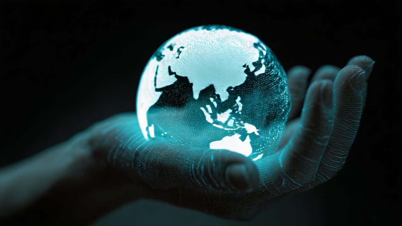 A Hand Cradles a Luminous Globe, Reflecting a Digital World of Connectivity and Innovation, Symbolizing the Unity of Technology and Humanity in the Modern Age