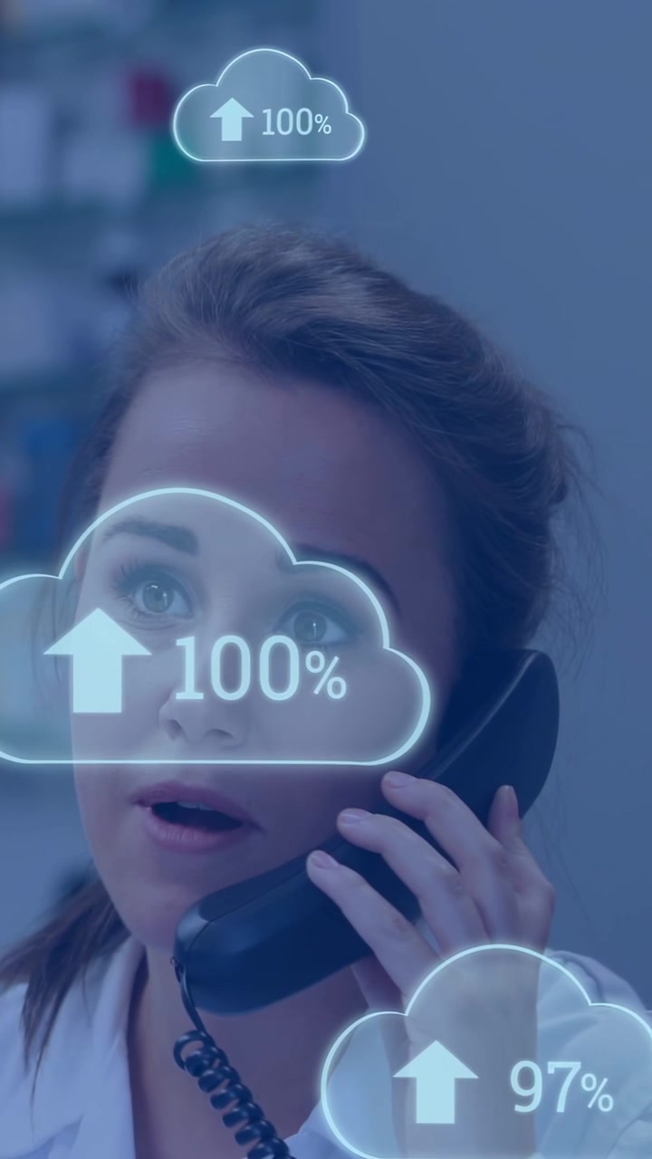 Lodret video: Kvinde taler i telefon, opkald starter skysynkronisering, overlays sporer fuldførelse til 100%.