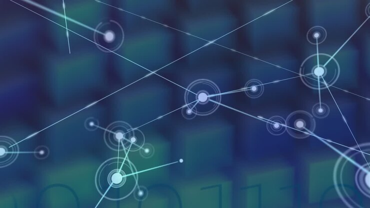 Animation of network of connections on blue screen background