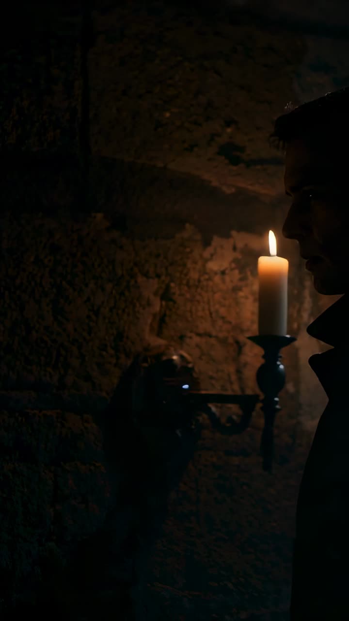 Vertical video: Entering man in dark coat smothering sconce flame in dungeon, copy space