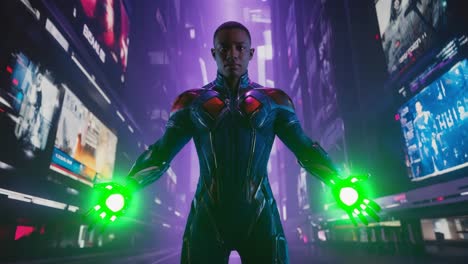 futuristic hero unleashing green energy in a neon city