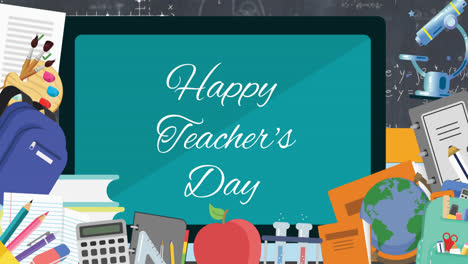 Animation-of-happy-teacher's-day-over-school-items-icons-on-green-background