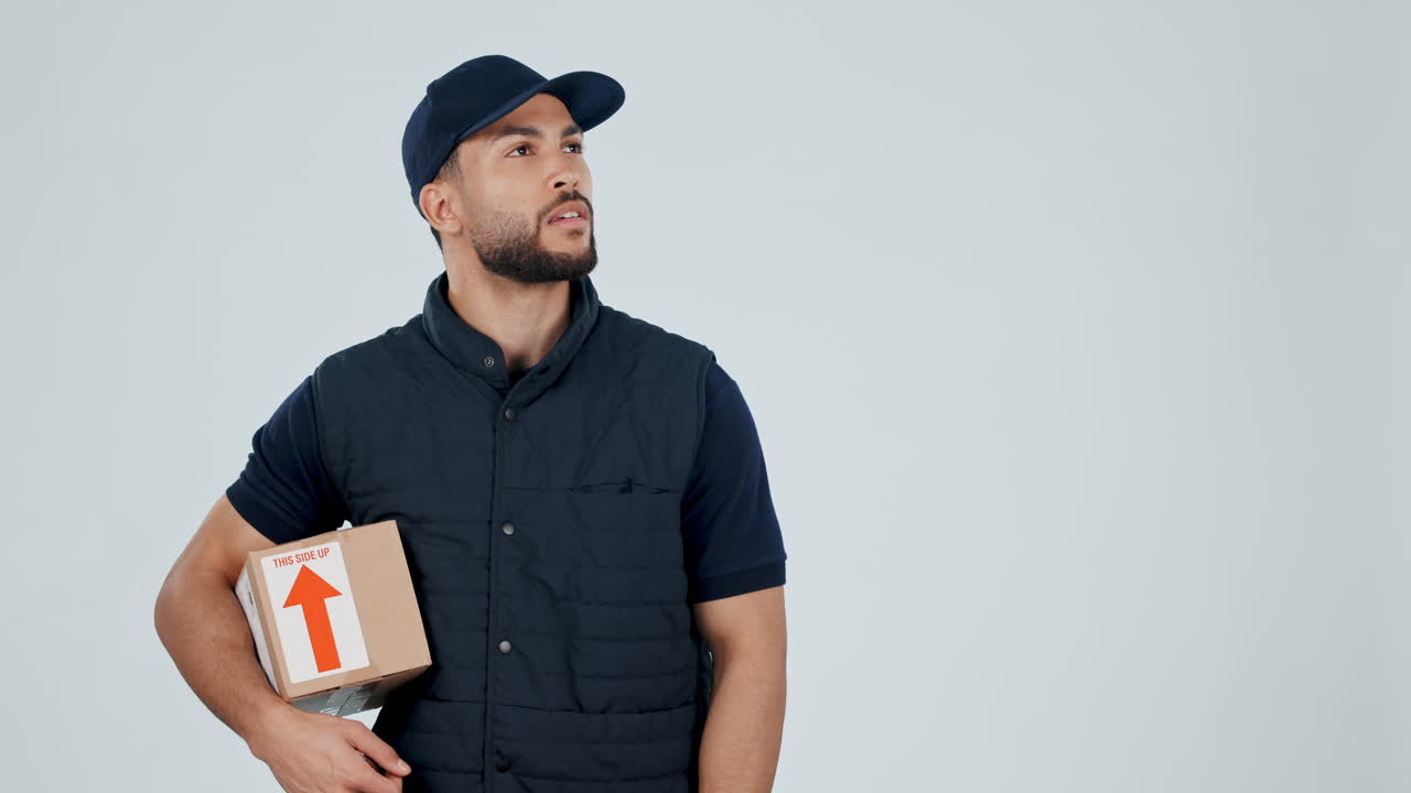 Delivery man, pointing at supplier menu and box
