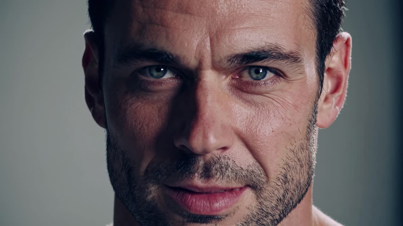 Close-up video portrait of a man with intense gaze, focusing on facial details