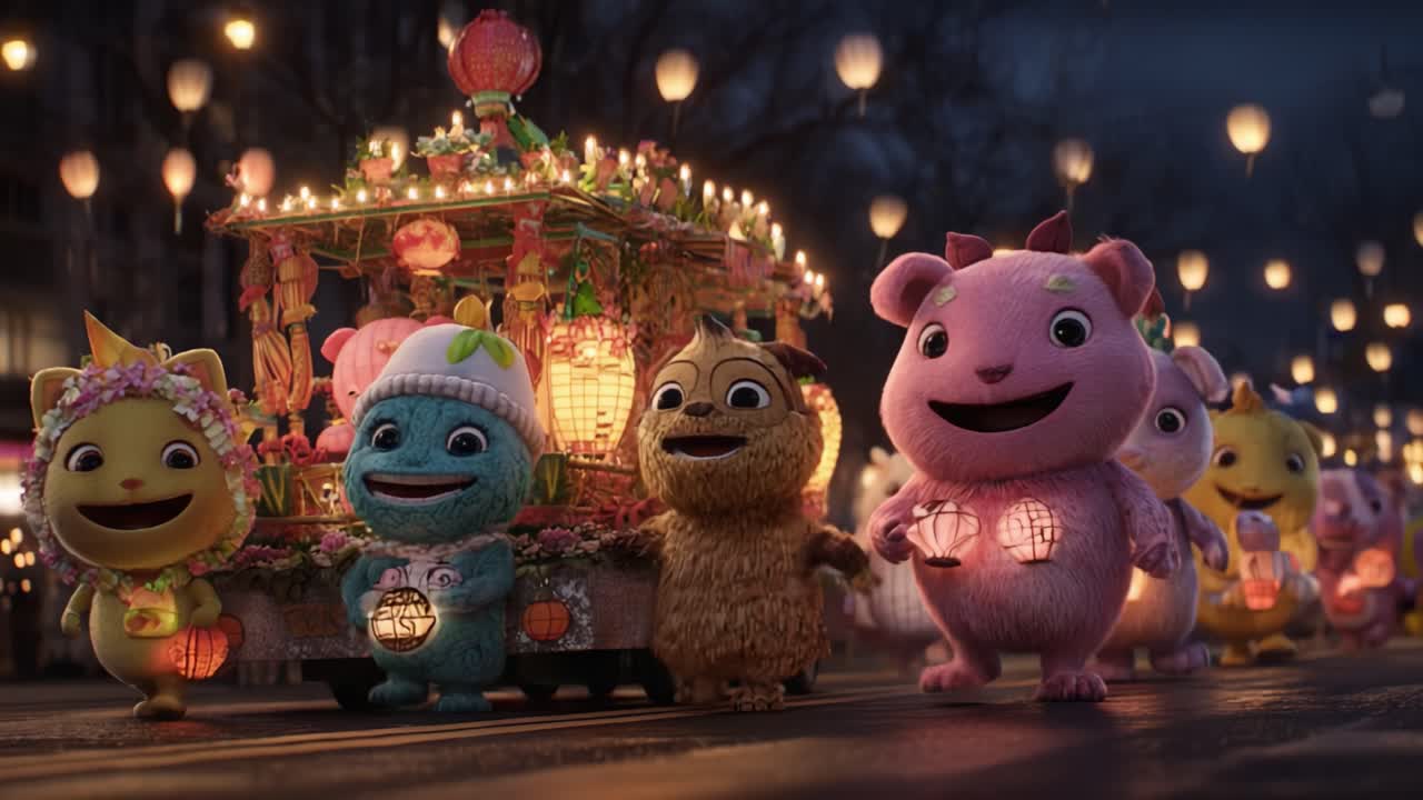 A Joyous Night Parade: Colorful Creatures and Lanterns Illuminate the Festive Atmosphere in a Magical Celebration Filled with Laughter and Delight