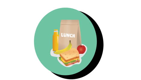 animación de una bolsa de papel con texto de almuerzo e iconos de alimentos en fondo blanco