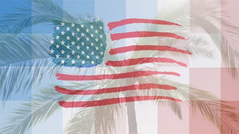 animation of flag of united states of america drawn over red, white and blue squares and palm tree
