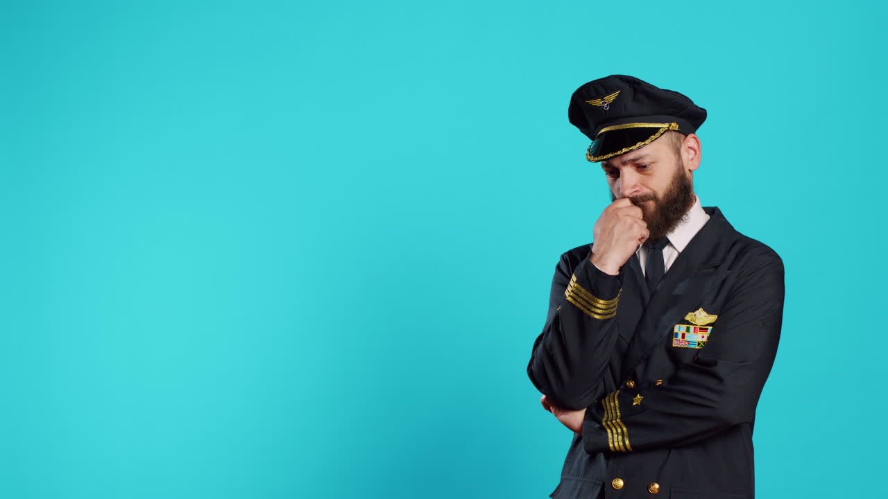 Aviatore in uniforme che pensa a una soluzione