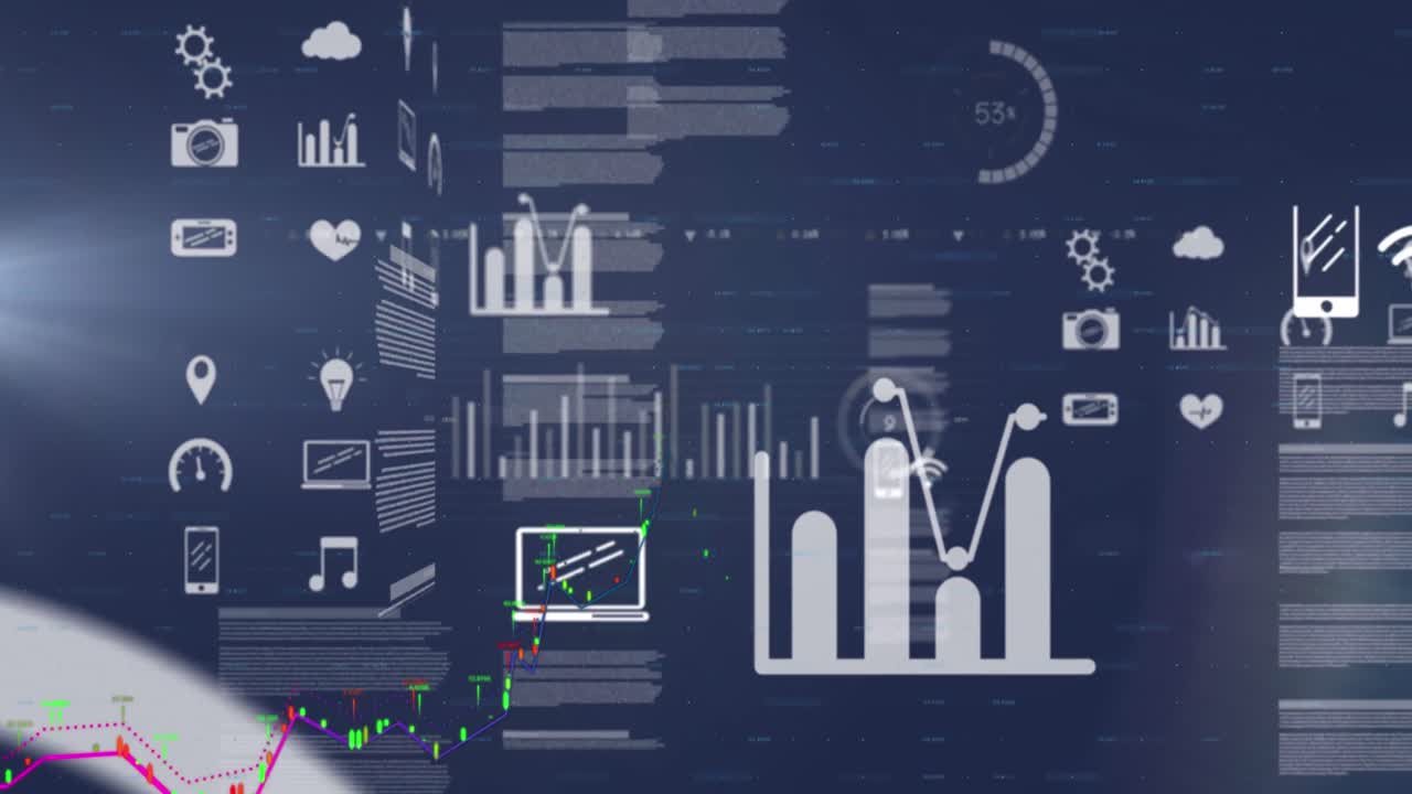 Animation of graphs over computer application icons, trading board against abstract background